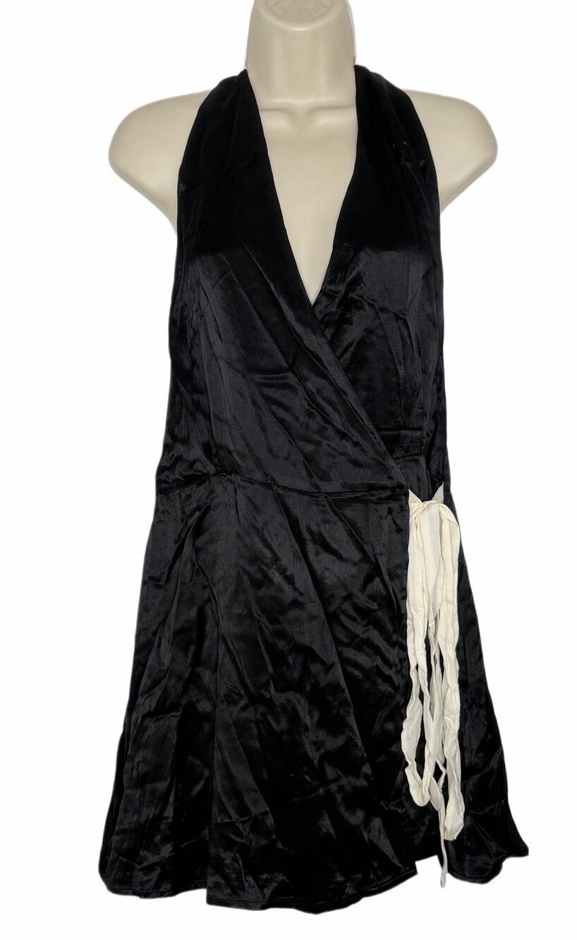 VRG GRL Womens Black White Satin Wrap Mini Halter Dress Size 12 NEW